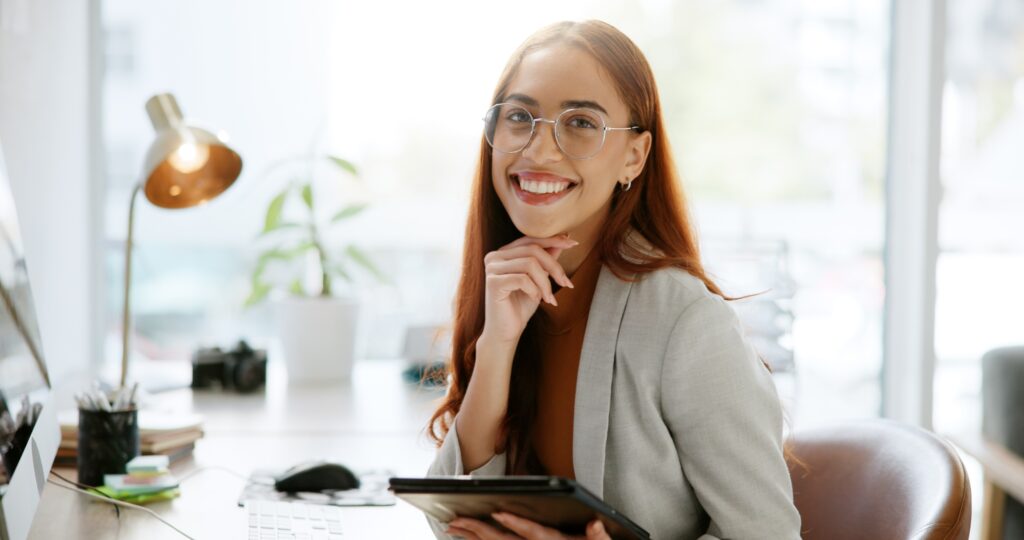 Tablet, portrait and business woman in office for interior design portfolio, research and realtor a